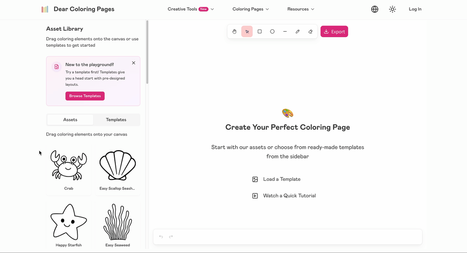 Selecionando animais marinhos e criaturas do mar da biblioteca de elementos - interface de arrastar e soltar mostrando opções de peixes, caranguejos, cavalos-marinhos e corais