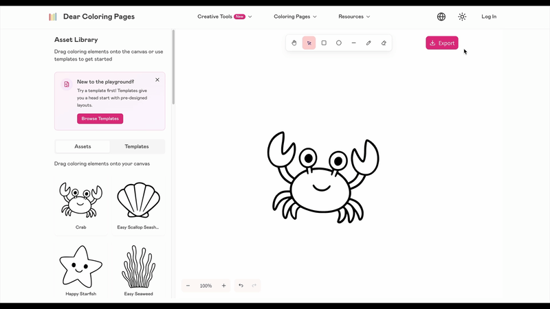 Baixando desenho de colorir do oceano personalizada como PDF ou PNG - mostrando opções de exportação e resultado final de alta qualidade